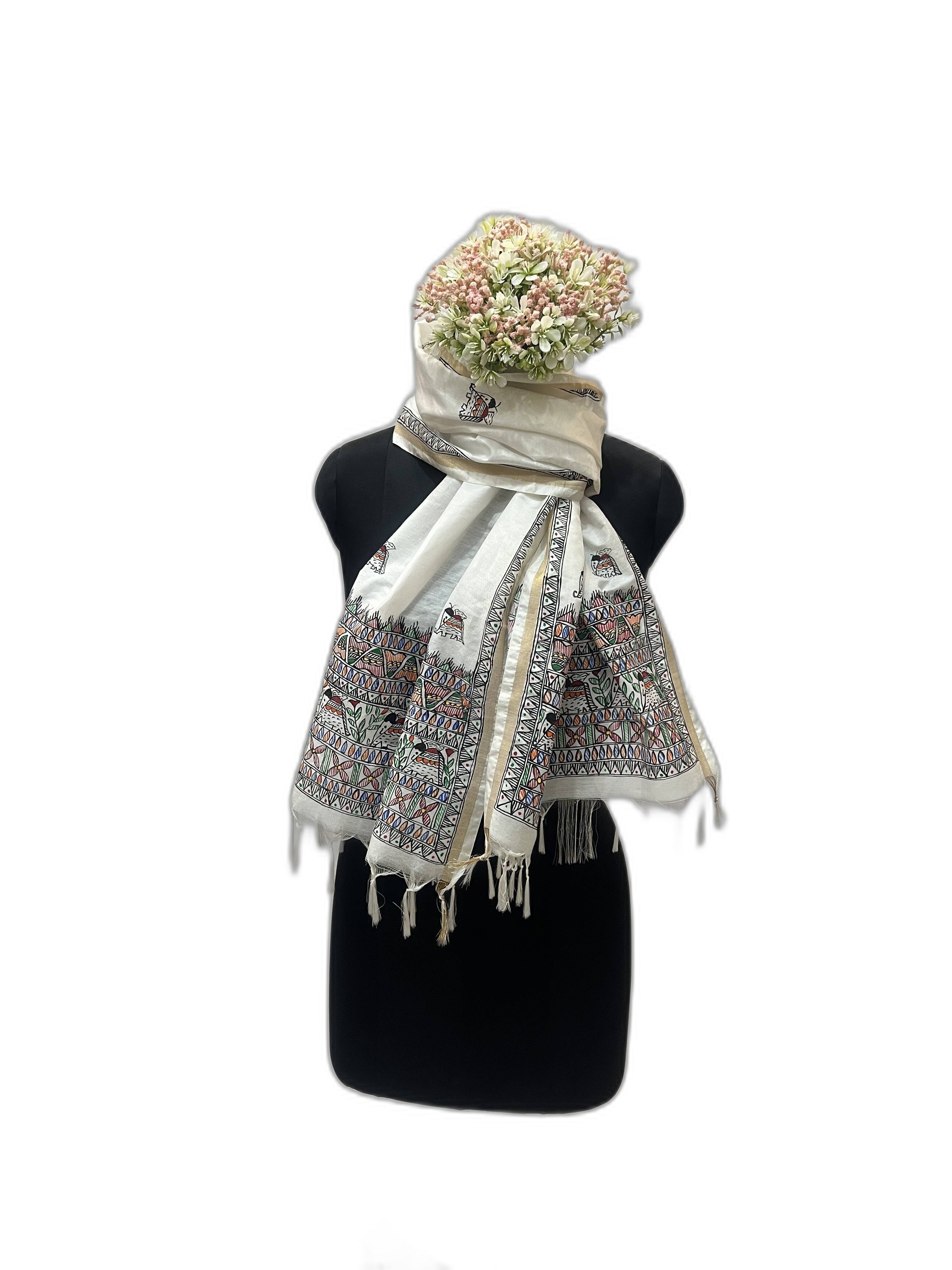 Handpainted Madhubani Katan Silk Stole in White with Zari Border